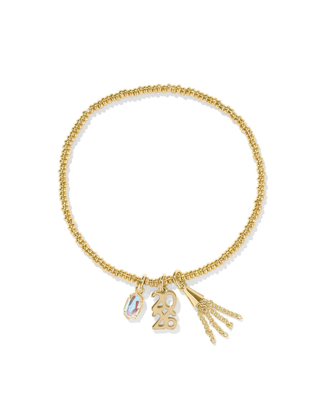 The Zertz 2026 GRAD STRETCH BRACELET features gold beads, a clear gemstone charm, a 2026 charm, and two fine gold chain tassels. Displayed on a white background, it’s an ideal Class of 2026 graduation gift.