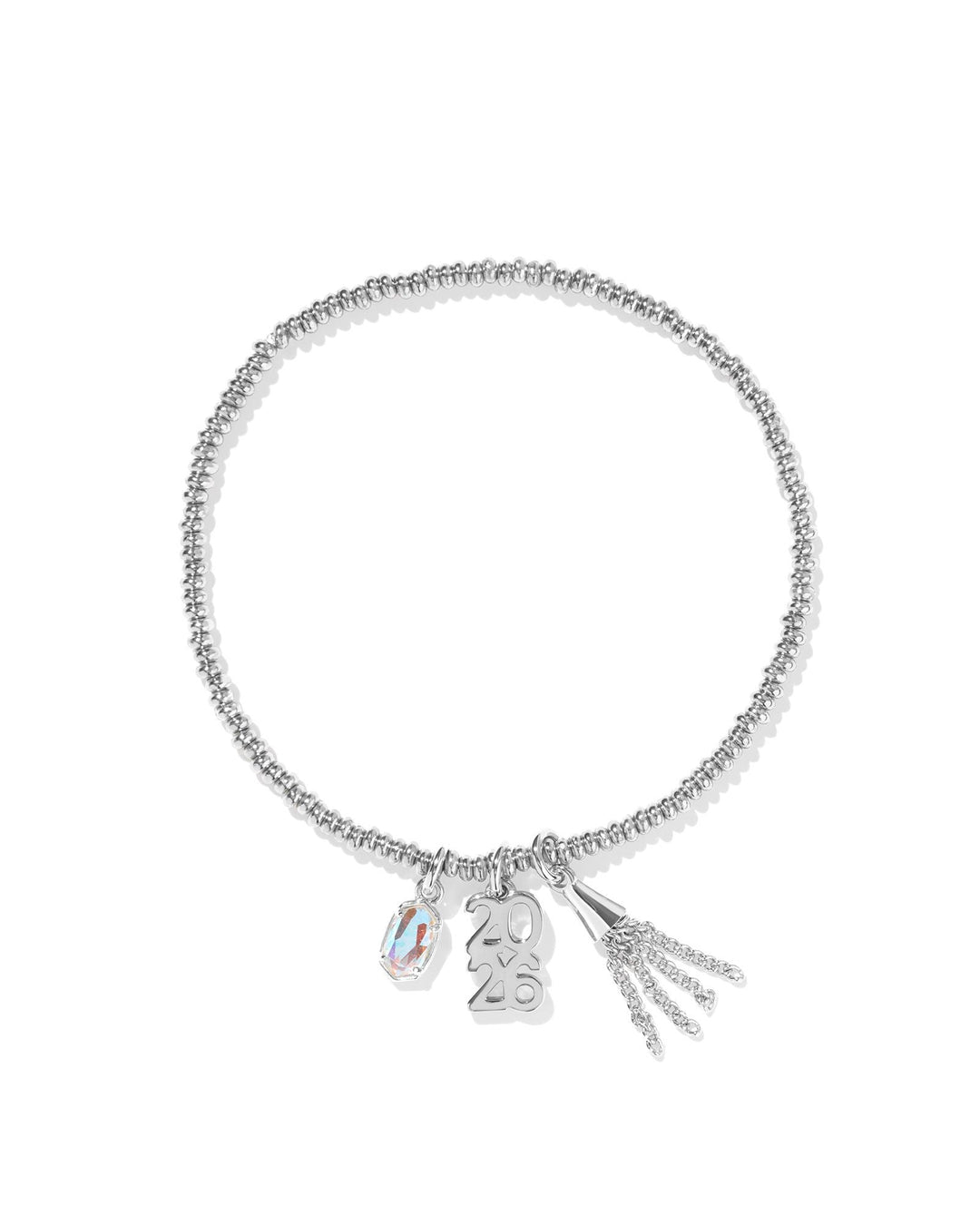 The Zertz 2026 GRAD STRETCH BRACELET is a silver beaded bracelet with four dangling charms—a small crystal, 2026 numbers, a flat rectangle, and a chain tassel—shown on a white background. Ideal as a graduation gift.
