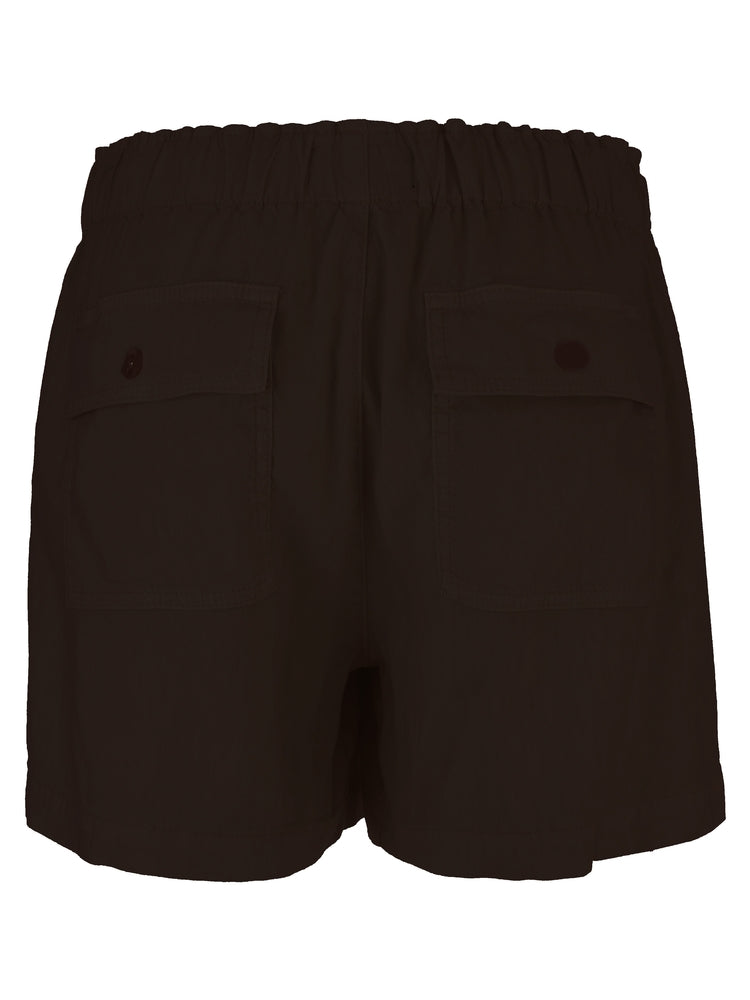 The Zertz KATANA HIGH RISE SHORT is shown from the back in dark brown. Featuring an elastic waistband, two flap pockets with button closures, and lightweight premium fabric, these shorts are a versatile essential.