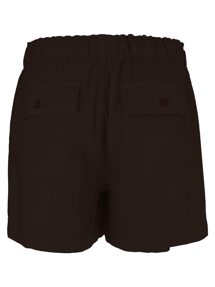The Zertz KATANA HIGH RISE SHORT is shown from the back in dark brown. Featuring an elastic waistband, two flap pockets with button closures, and lightweight premium fabric, these shorts are a versatile essential.