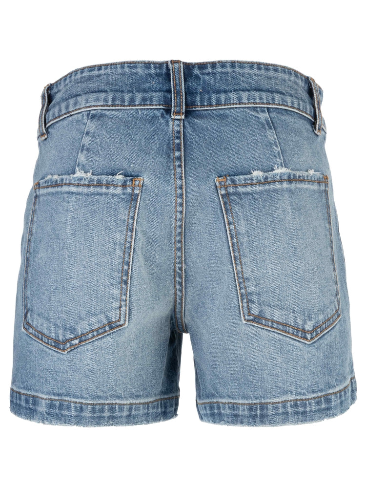 Back view of Zertz JANE HIGH RISE SHORT in light blue with two large back pockets, flattering waistband, visible stitching, and a slightly worn look near the pockets for added versatility.