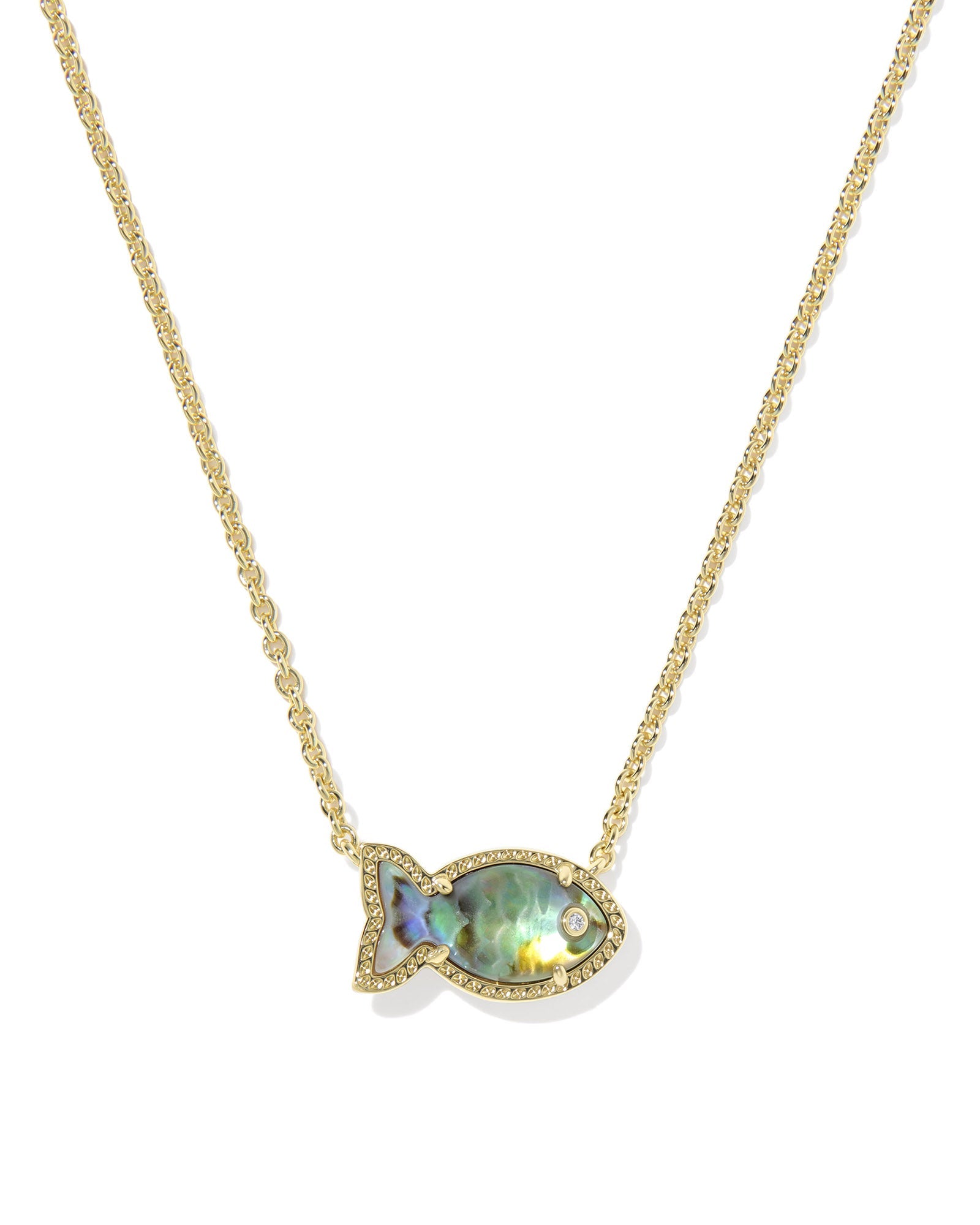 The Zertz PARKER FISH NECKLACE features a gold chain with a fish-shaped pendant, abalone shell inlay, gemstone eye, and crystal accents—ideal coastal jewelry for ocean lovers.