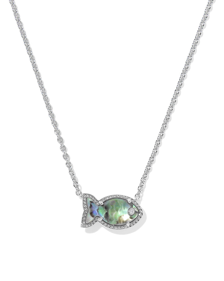 The Zertz PARKER FISH NECKLACE is a silver chain nautical necklace featuring a fish-shaped pendant with an iridescent abalone-like center and sparkling stone border—an ideal addition to any coastal jewelry collection.