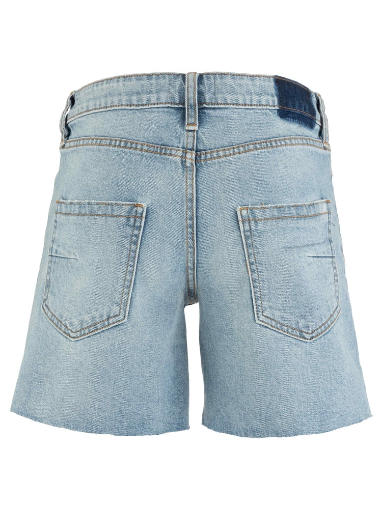 Back view of Zertz JENNY HIGH RISE SHORT W/SLIT in light blue denim, featuring frayed hems, two back pockets, a dark blue waistband patch, and subtle slits for added style.