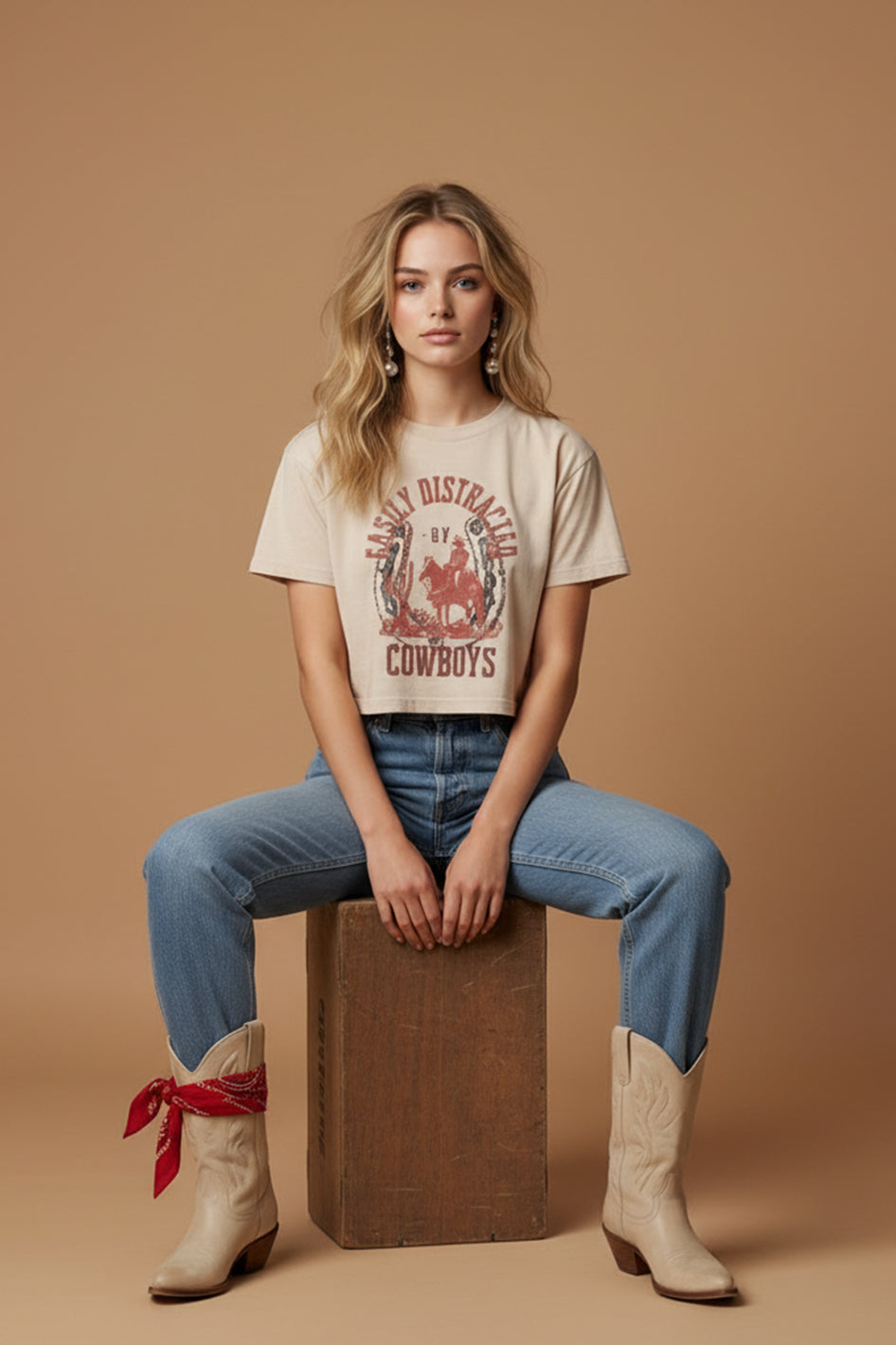 A woman with long blonde hair sits on a wooden box against a beige background, wearing the Zertz EASILY DISTRACTED WIDE BOY TEE in an oversized fit, blue jeans, cowboy boots, and a red bandana around her right ankle for casual comfort.