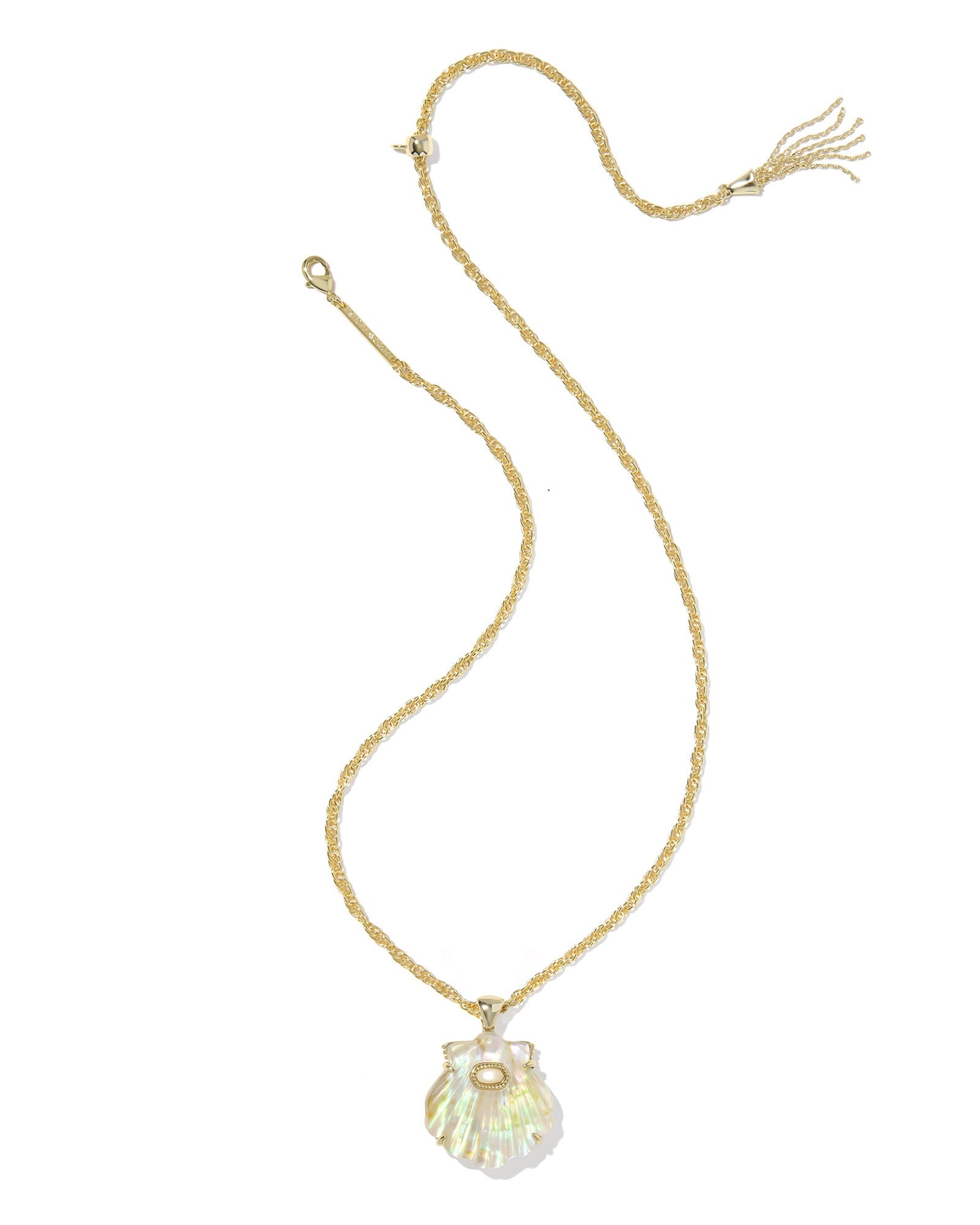 The Zertz LUCIA SHELL PNDT NCK features a gold pendant with a shiny iridescent seashell and a small pearl on an adjustable chain, shown on a white background for versatile coastal style.