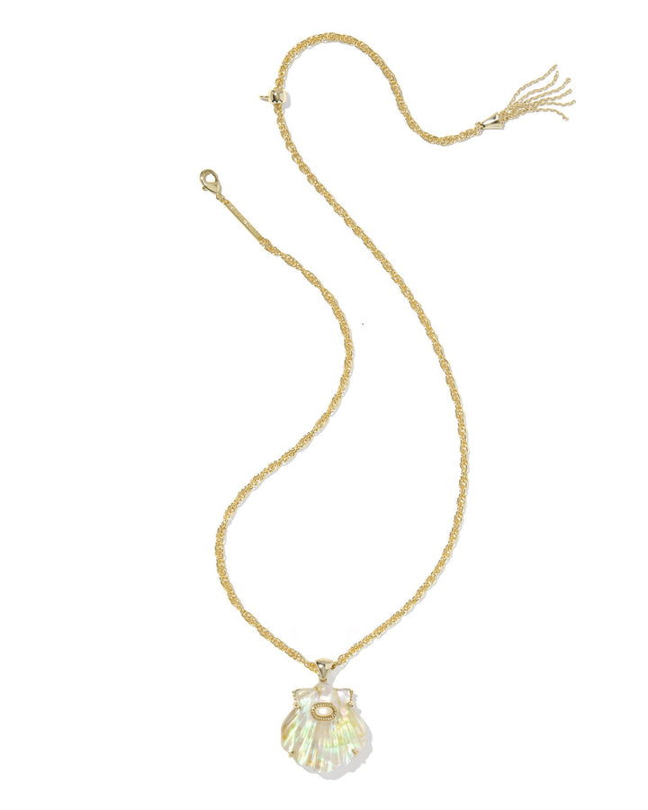 The Zertz LUCIA SHELL PNDT NCK features a gold pendant with a shiny iridescent seashell and a small pearl on an adjustable chain, shown on a white background for versatile coastal style.