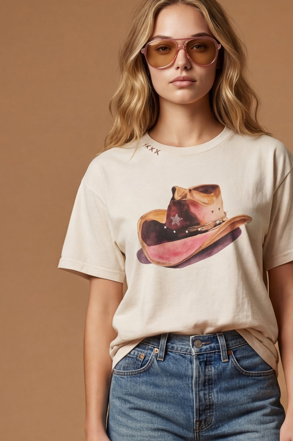 A woman in large sunglasses, blue jeans, and the Zertz COWBOY HAT SLUB BOY TEE with a colorful cowboy hat graphic poses against a brown background.
