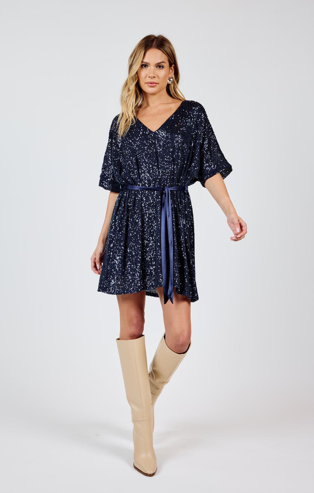 SKY HIGH V NECK SEQUIN DRESS