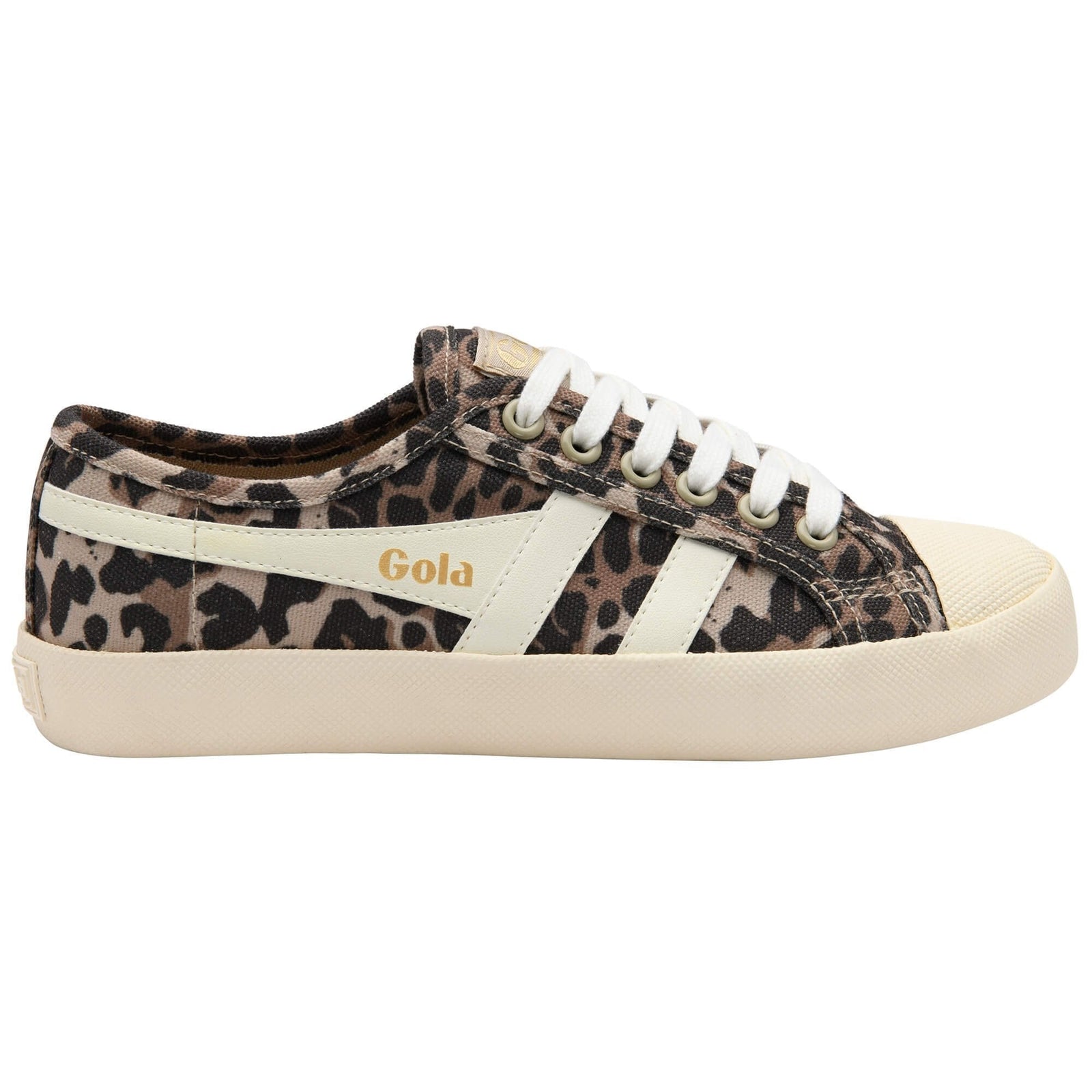 The Zertz COASTER LEOPARD TRAINER is a retro-inspired sneaker with a beige sole, white laces, cream stripes, bold leopard print, and gold Zertz branding on the side, plus reinforced light beige toe cap and heel.