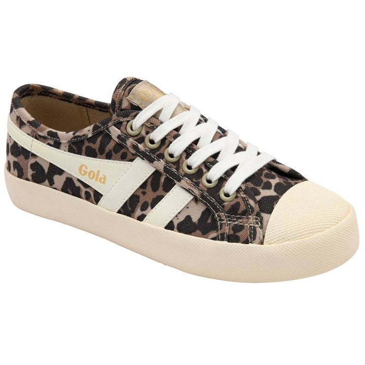 The Zertz COASTER LEOPARD TRAINER is a retro-inspired sneaker with a beige sole, white laces, white stripes, and an eye-catching leopard print. The Zertz brand name appears in gold on the side.