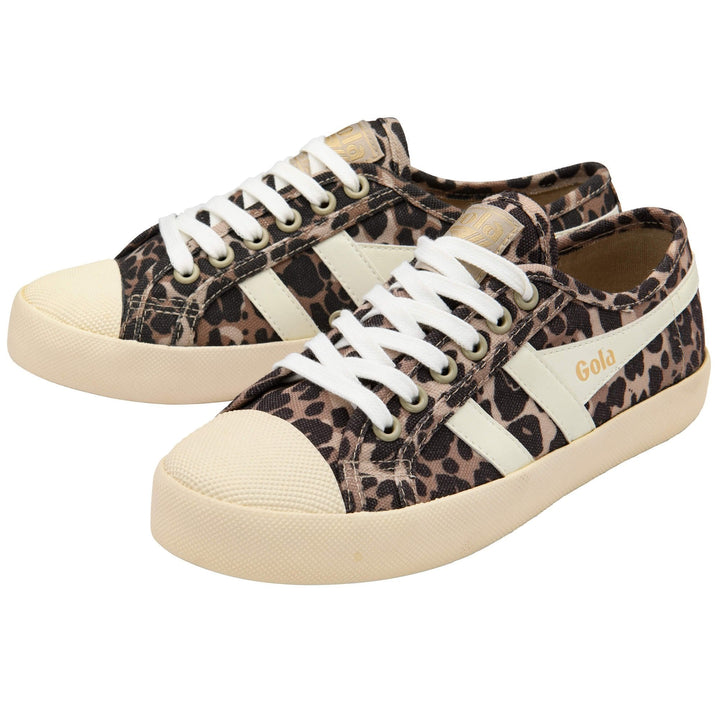 The Zertz COASTER LEOPARD TRAINER features a brown and black leopard print, white side stripes and laces, plus beige rubber soles and toe caps for a retro-inspired women’s sneaker style.