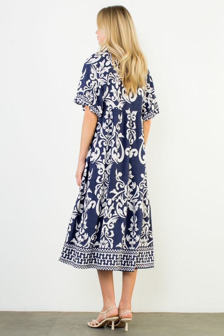 PUFF SLEEVE PRINT MIDI DRESS