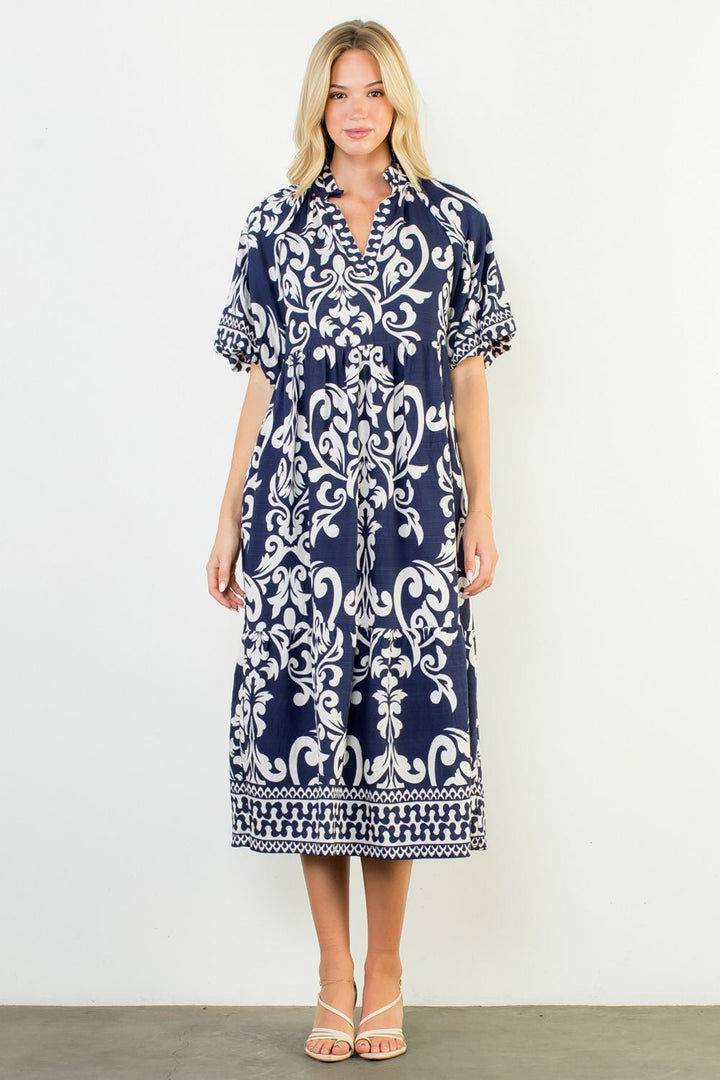 PUFF SLEEVE PRINT MIDI DRESS