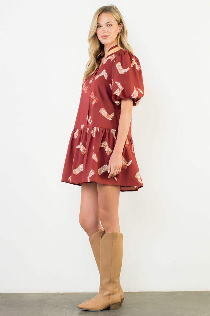 PUFF SLEEVE BOOT PRINTED DRESS