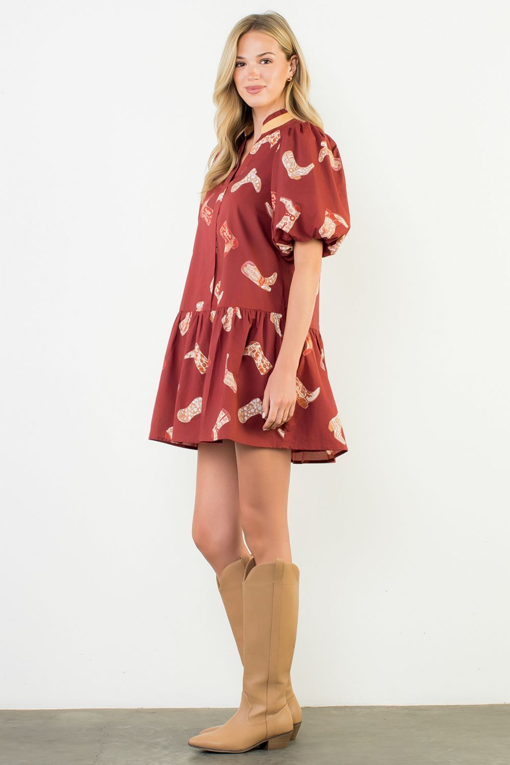 PUFF SLEEVE BOOT PRINTED DRESS