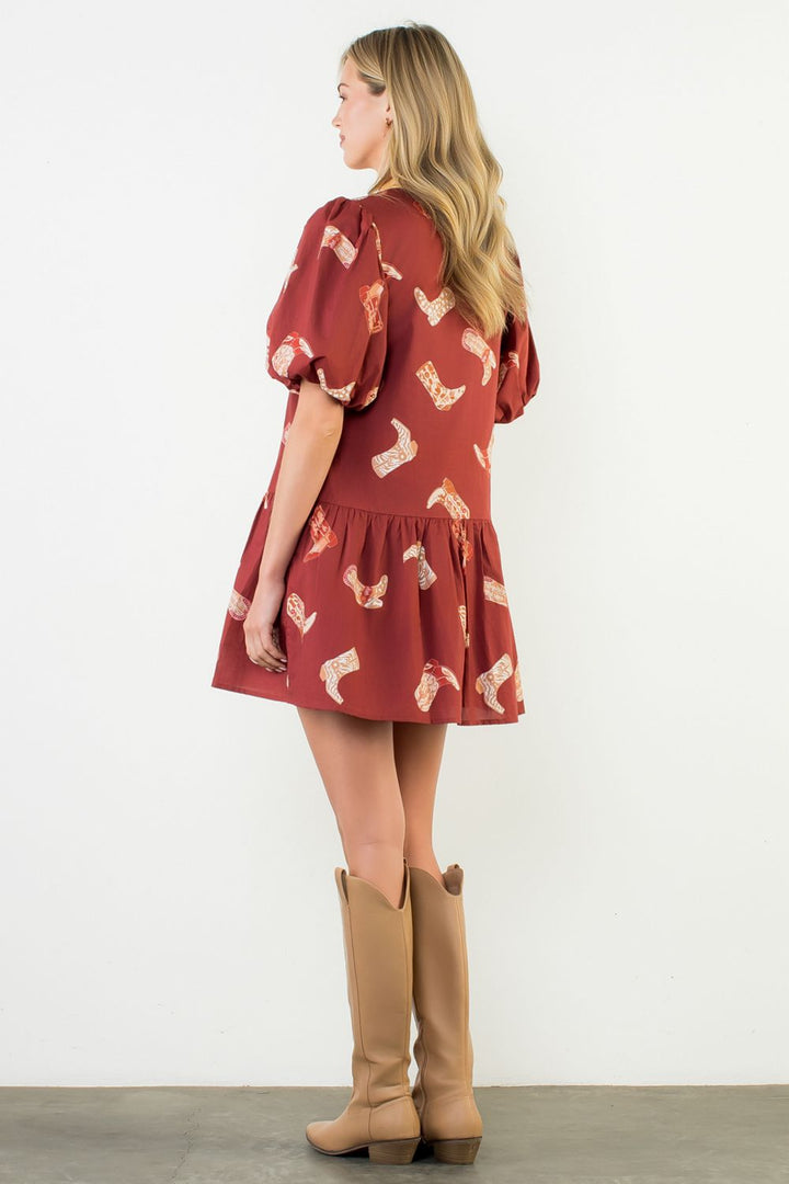 PUFF SLEEVE BOOT PRINTED DRESS