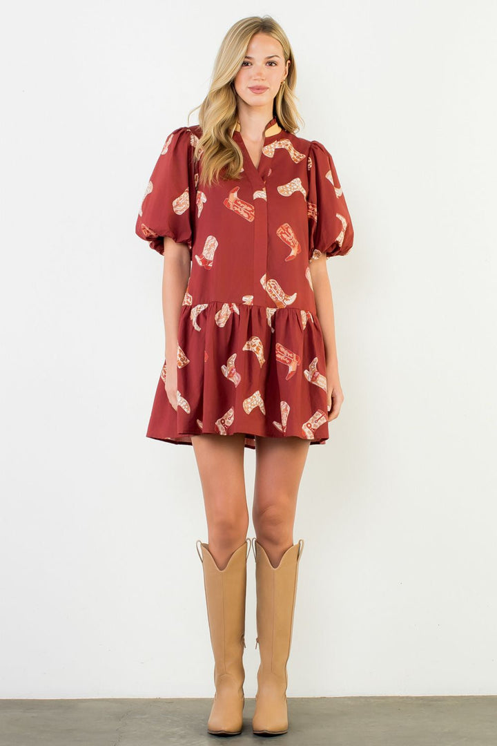 PUFF SLEEVE BOOT PRINTED DRESS