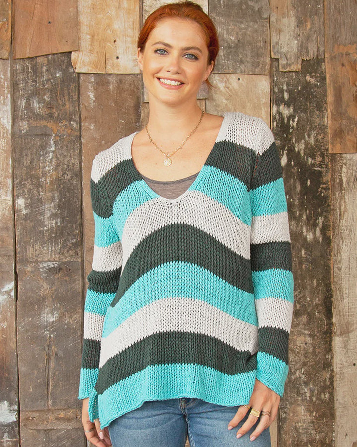 KENZIE STRIPED V COTTON SWEATER