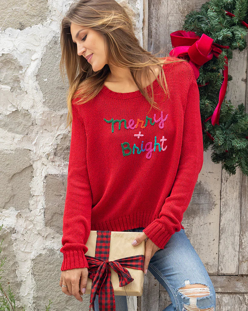 MERRY & BRIGHT EMBROIDERED CREW COTTON SWEATER