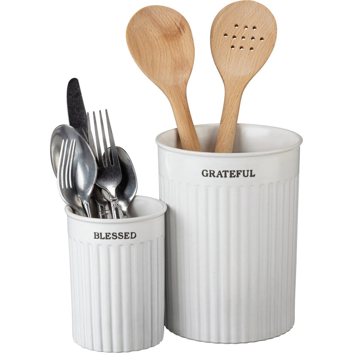 "GRATEFUL, BLESSED" STONEWARE UTENSIL HOLDER SET