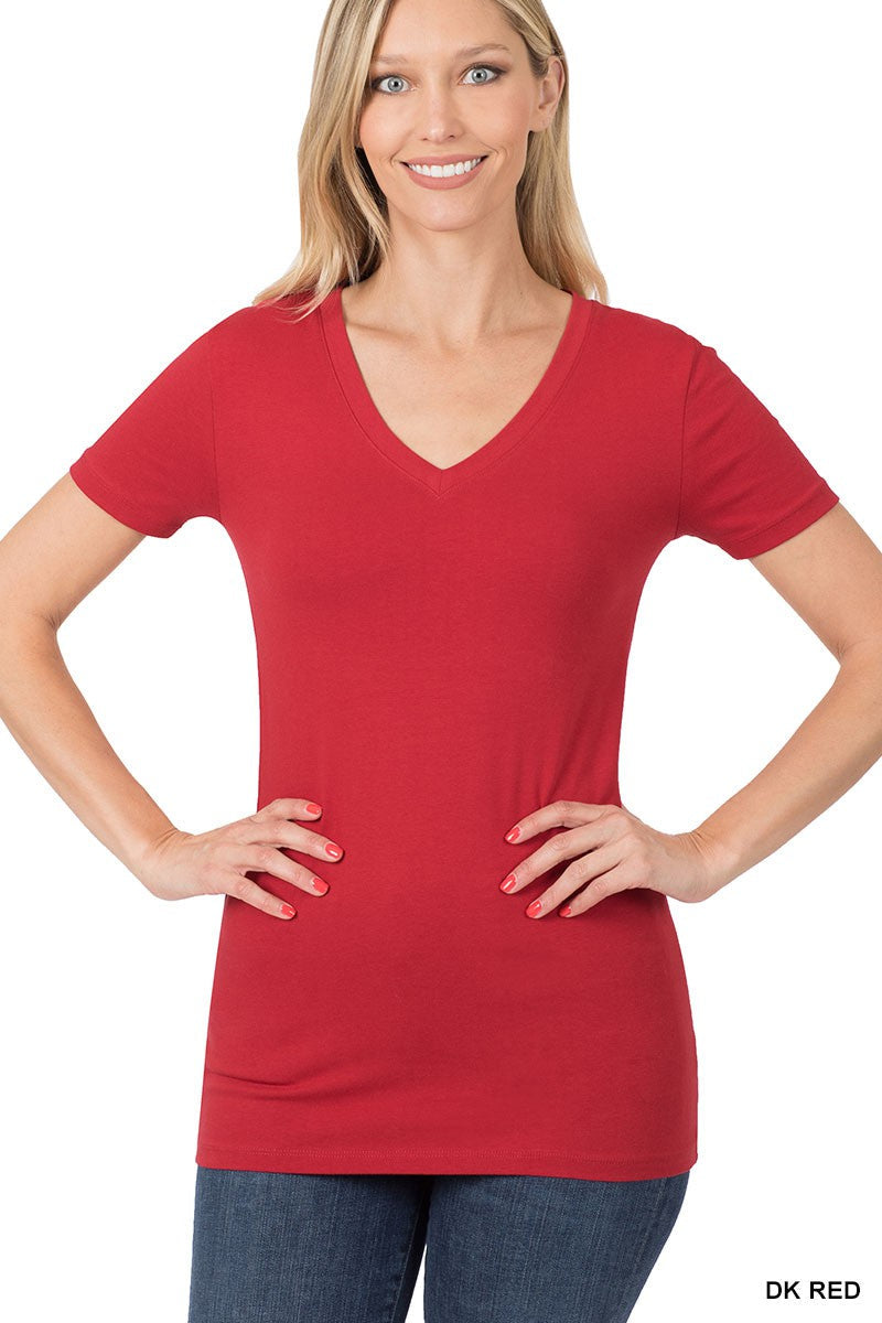 COTTON V-NECK SHORT SLEEVE TEE in DK RED