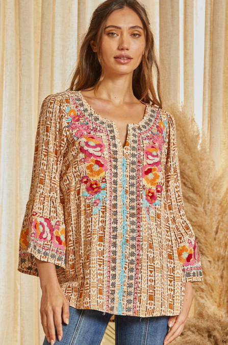 SAVANNAH JANE MOCHA EMBROIDERED TOP