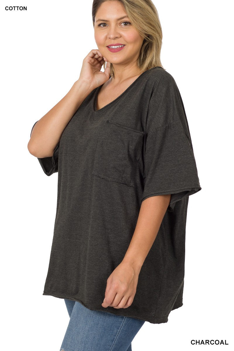 PLUS OVERSIZED FRONT POCKET RAW EDGE BOYFRIEND TEE in CHARCOAL