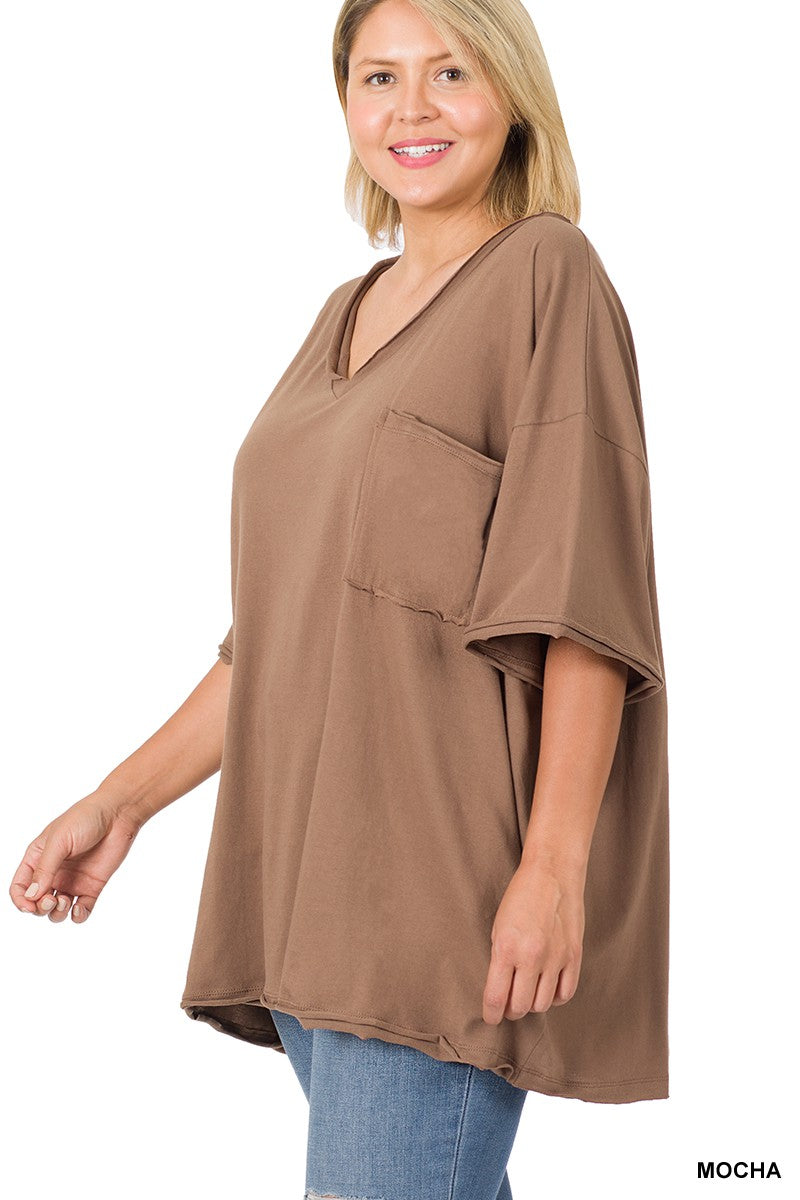 PLUS OVERSIZED FRONT POCKET RAW EDGE BOYFRIEND TEE in MOCHA