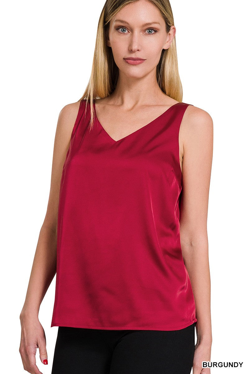 SATIN CHARMEUSE V-NECK TANK TOP in BURGUNDY