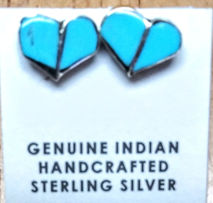 Zuni Sterling Silver & Stone Inlay Heart Stud Earrings