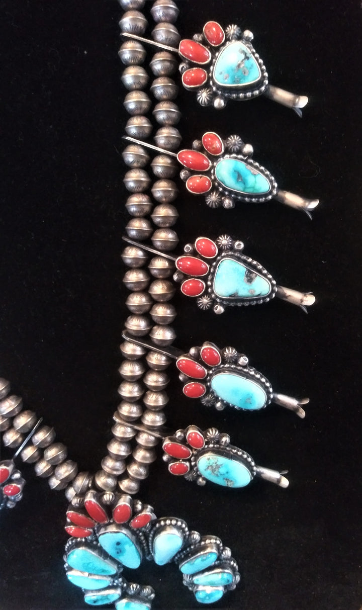 Sterling Silver, Sonoran Gold Turquoise and Red Coral Squash Blossom Necklace and Earring Set