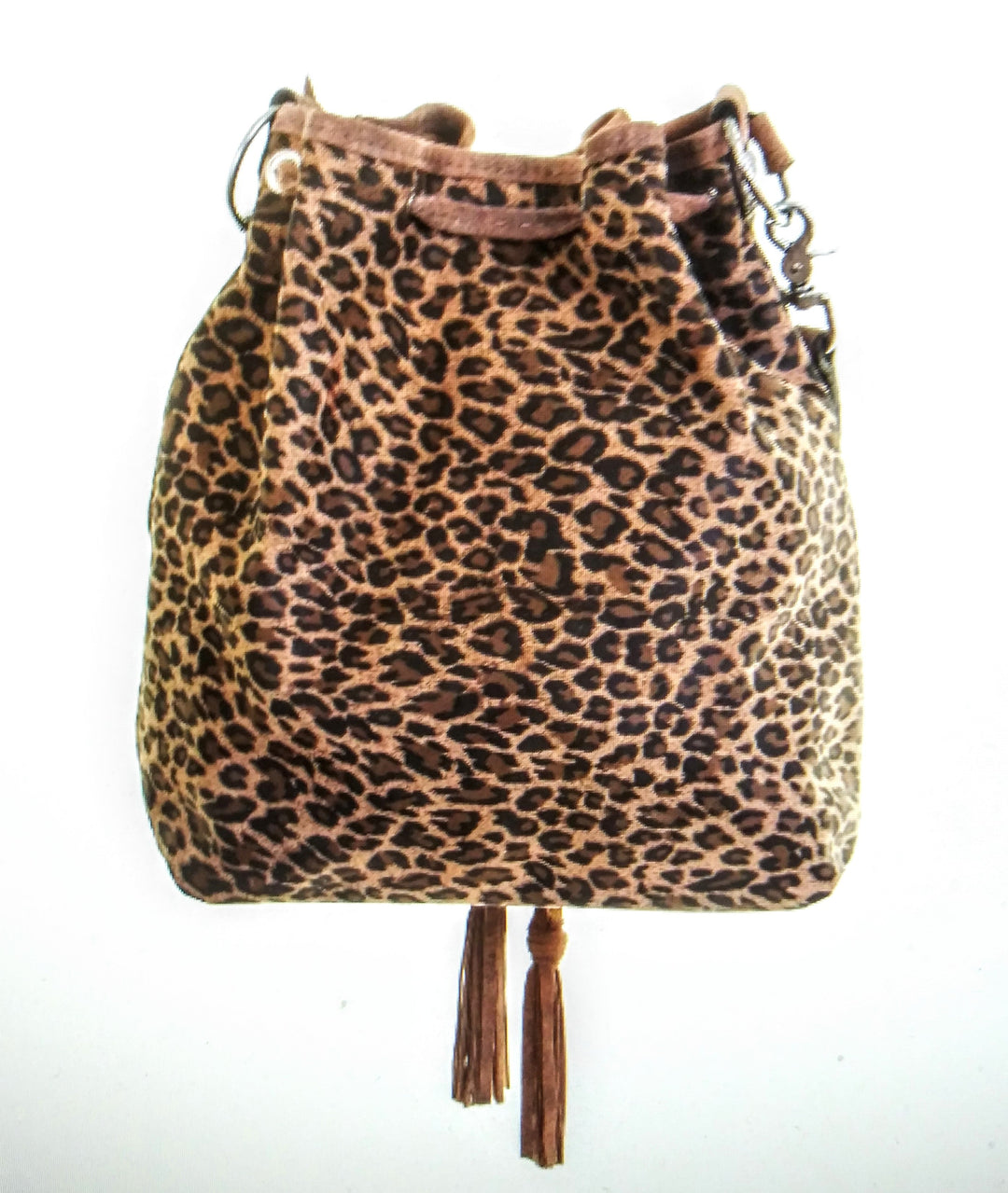 DOUBLE J SADDLERY CHEETAH TAN SUEDE DRAWSTRING MESSENGER TOTE