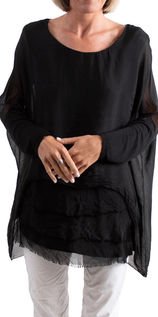 SARNO SILK KAFTAN ROUND NECK TOP in BLACK