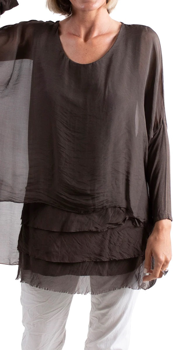 SARNO SILK KAFTAN ROUND NECK TOP in CHOCOLATE