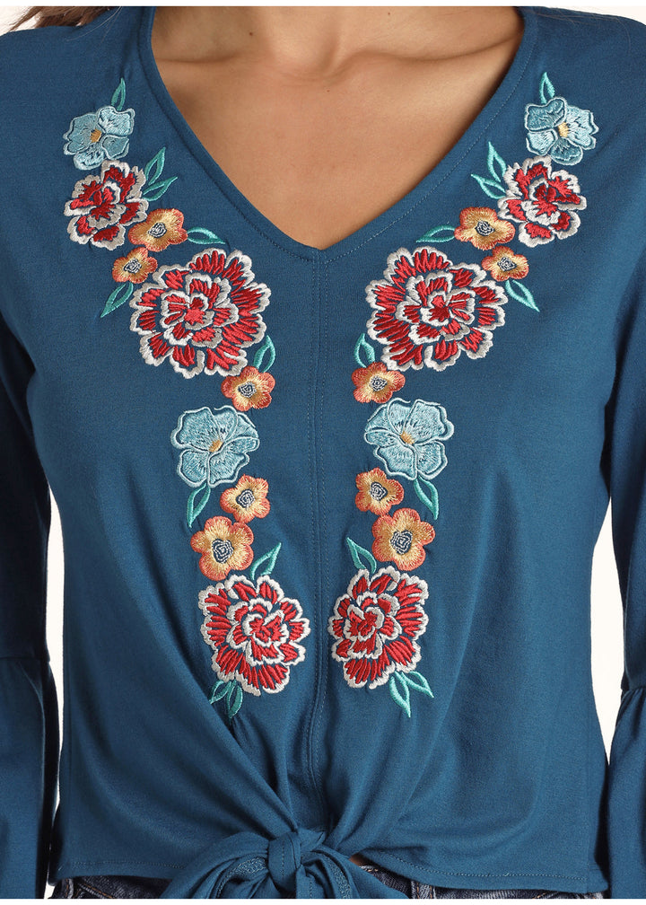 FLORAL Embroidered Tie Front Top