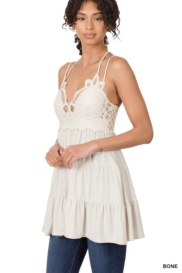 PLUS SIZE CROCHET LACE RUFFLE CAMI DRESS in BONE