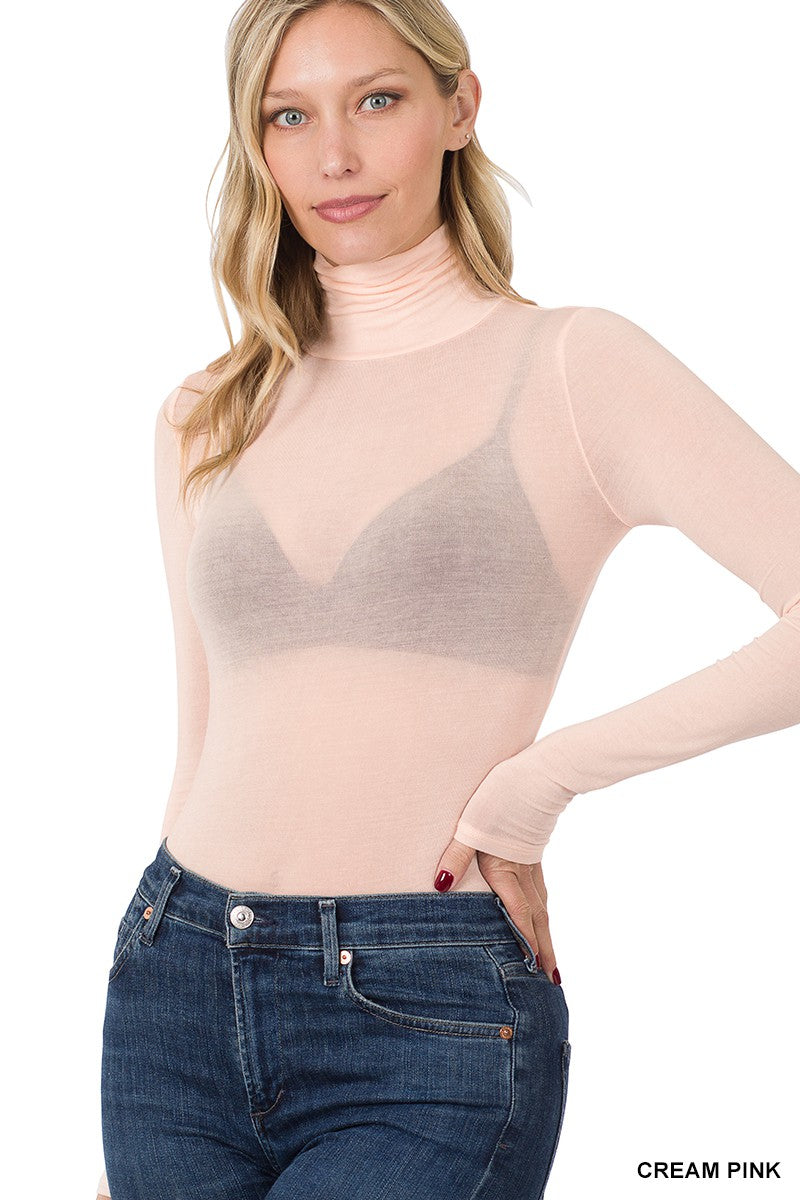 TENCEL SEE-THRU TURTLENECK TOP in CREAM PINK