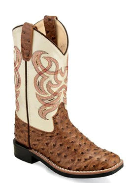 OLD WEST BOY'S TAN OSTRICH PRINT COWBOY BOOTS