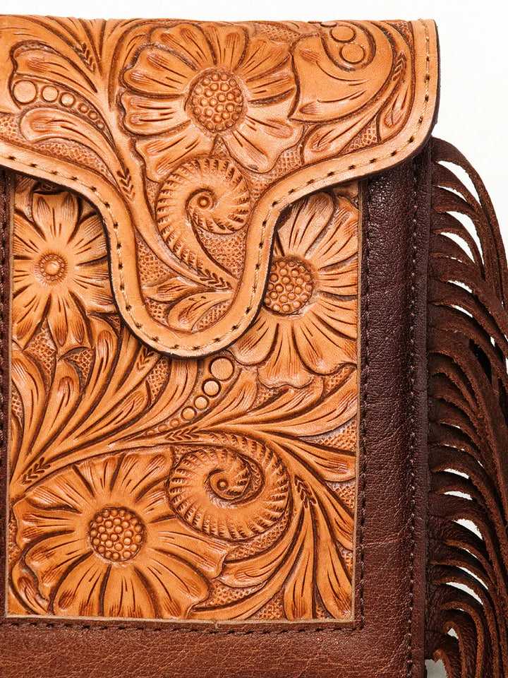 AMERICAN DARLING TOOLED LEATHER CROSSBODY WITH FRINGE