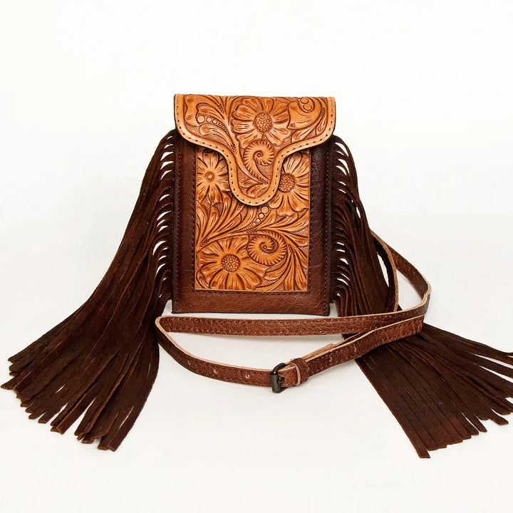 AMERICAN DARLING TOOLED LEATHER CROSSBODY WITH FRINGE