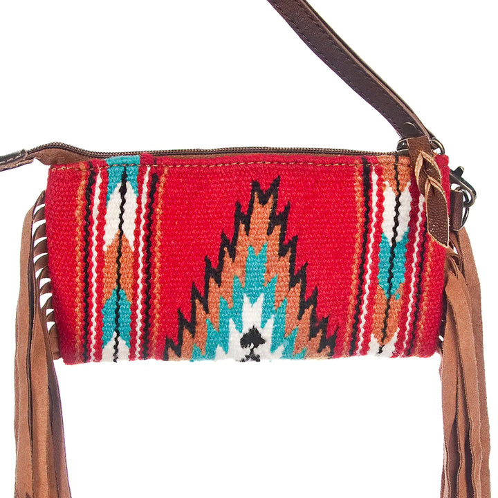 AMERICAN DARLING AZTEC & TOOLED LEATHER CLUTCH WITH FRINGE - RED