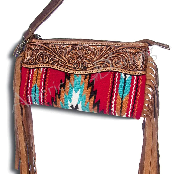 AMERICAN DARLING AZTEC & TOOLED LEATHER CLUTCH WITH FRINGE - RED