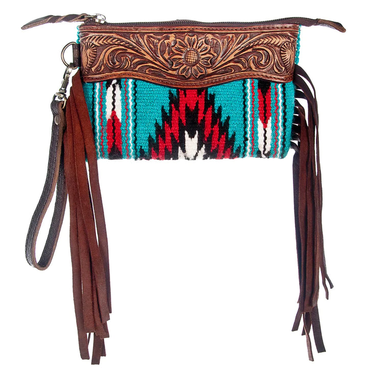 AMERICAN DARLING AZTEC & TOOLED LEATHER CLUTCH WITH FRINGE
