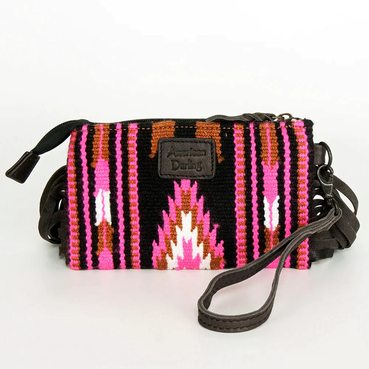 AMERICAN DARLING AZTEC & TOOLED LEATHER CLUTCH WITH FRINGE - PINK