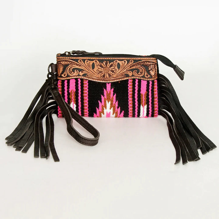 AMERICAN DARLING AZTEC & TOOLED LEATHER CLUTCH WITH FRINGE - PINK