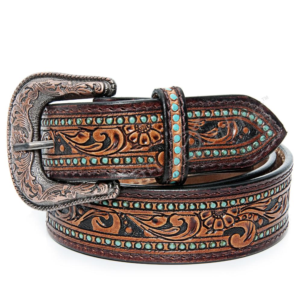 American Darling Tooled Leather Belt - Turquoise Accent Floral