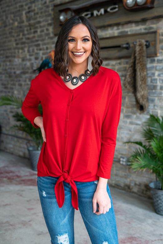 RED BUTTON DOWN TIE FRONT SHIRT