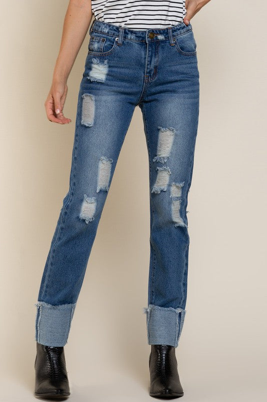 Straight Cut Destroyed Jeans with Raw Edge Cuff