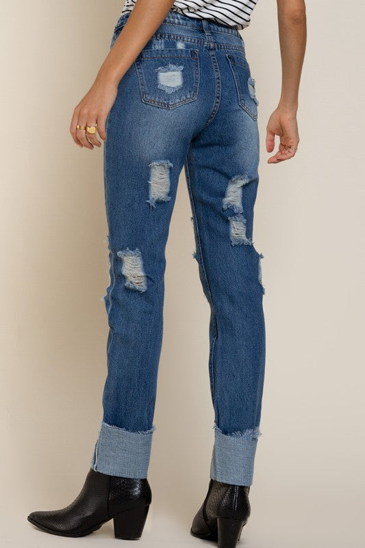 Straight Cut Destroyed Jeans with Raw Edge Cuff